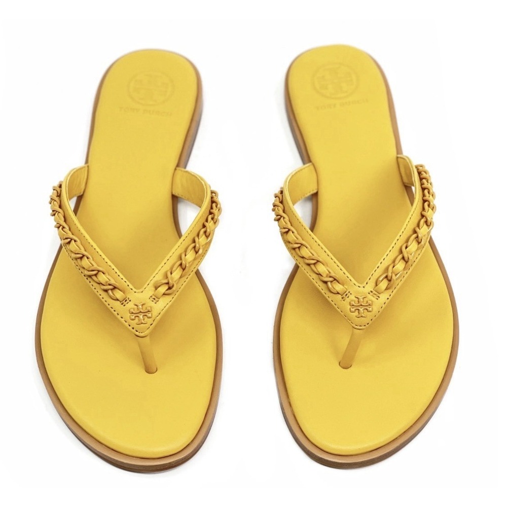 Tory Burch Simple Logo  colza yellow Thong Sandals, size 10 Chain Link